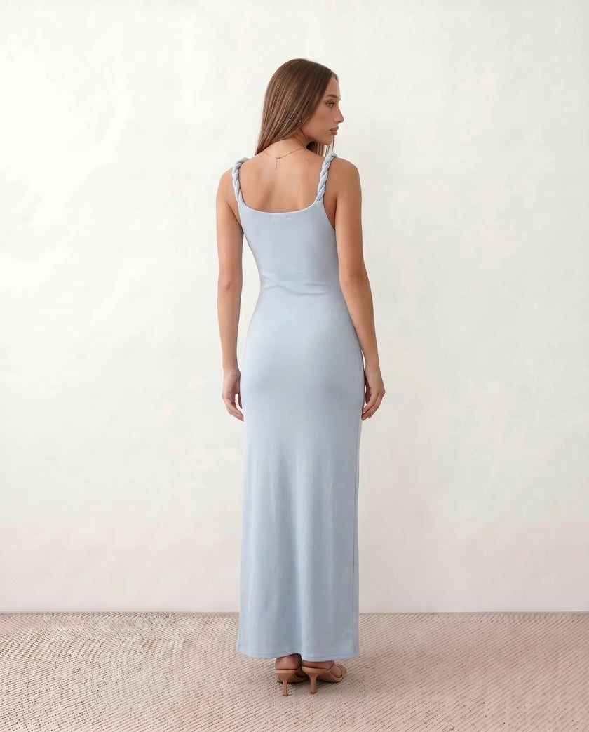 Ribbed Maxi Dress Women Wedding Guest Deep V-Neck Low Back