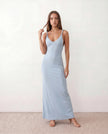 Ribbed Maxi Dress Women Wedding Guest Deep V-Neck Low Back