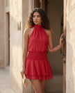 Mini Dress Women Cocktail Halter Neck Tiered Ruffle