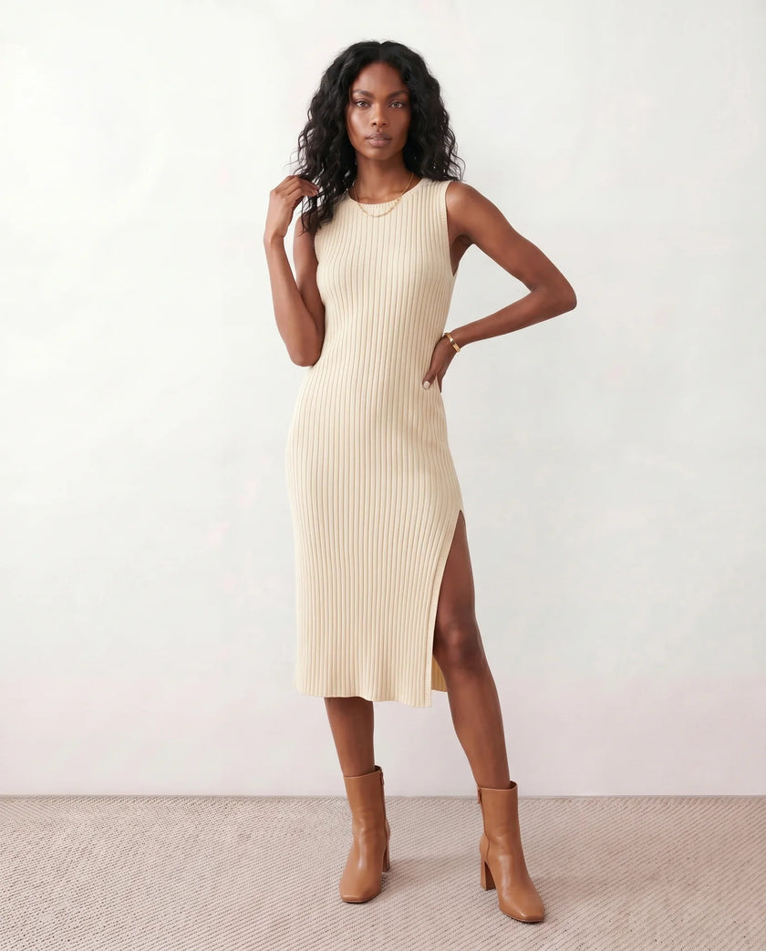 Ribbed Midi Dress Women Fitted Sleeveless Round Neck Side Slit
