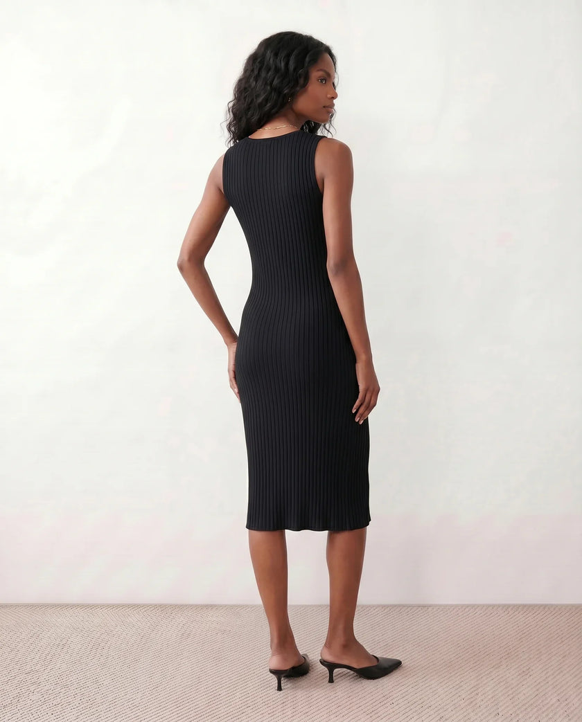 Ribbed Midi Dress Women Fitted Sleeveless Round Neck Side Slit