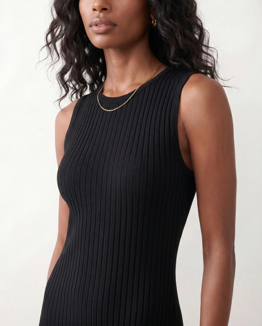Ribbed Midi Dress Women Fitted Sleeveless Round Neck Side Slit