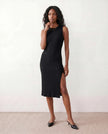Ribbed Midi Dress Women Fitted Sleeveless Round Neck Side Slit