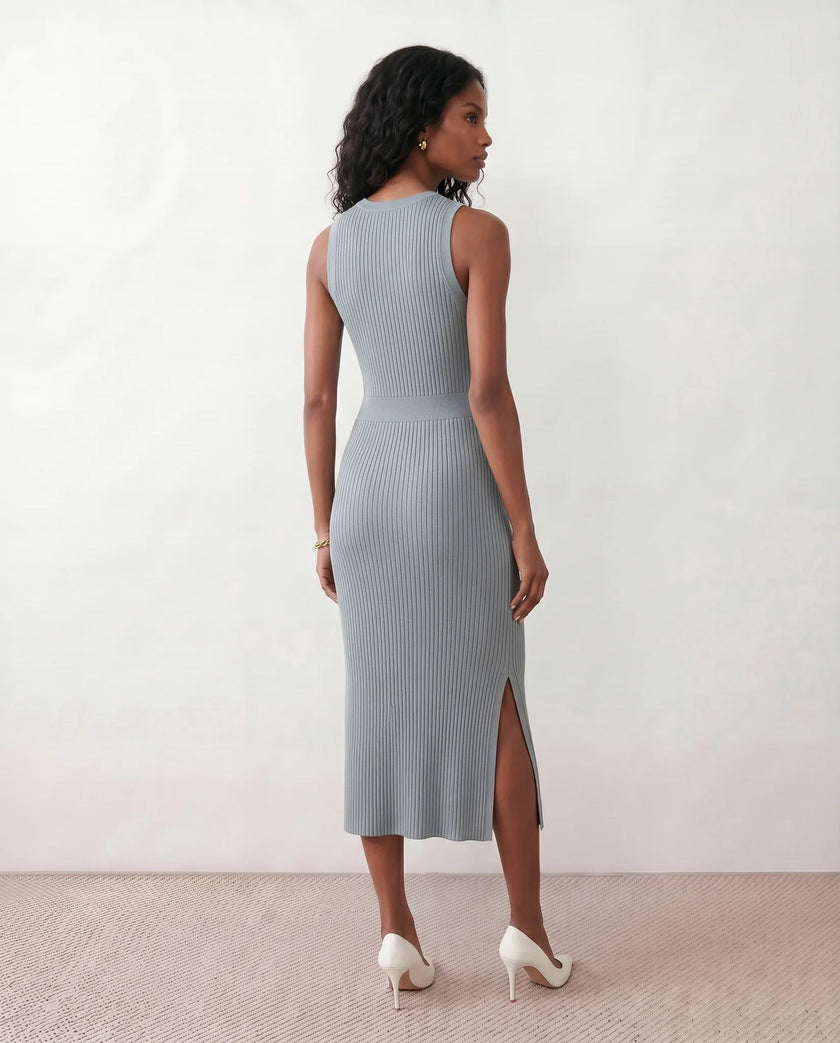 Ribbed Midi Dress Women Fitted Sleeveless Round Neck Side Slit