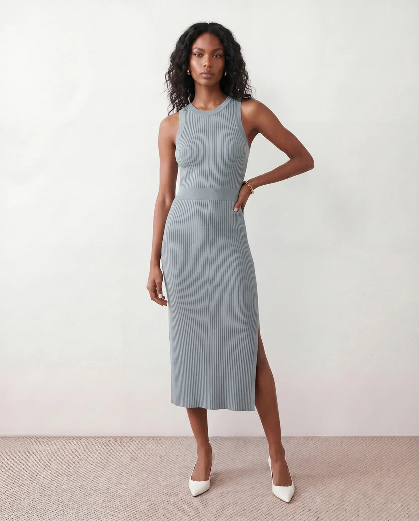 Ribbed Midi Dress Women Fitted Sleeveless Round Neck Side Slit