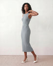 Ribbed Midi Dress Women Fitted Sleeveless Round Neck Side Slit