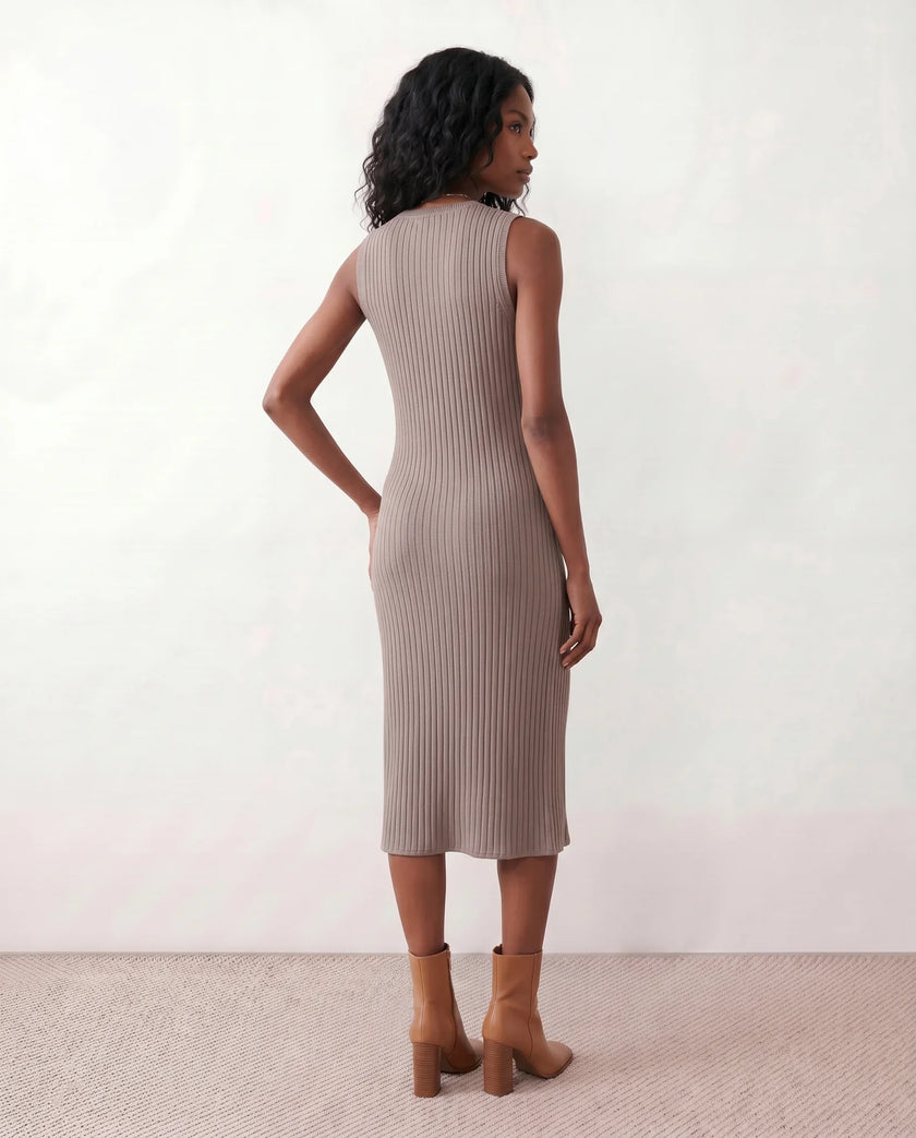 Ribbed Midi Dress Women Fitted Sleeveless Round Neck Side Slit