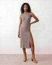 Ribbed Midi Dress Women Fitted Sleeveless Round Neck Side Slit