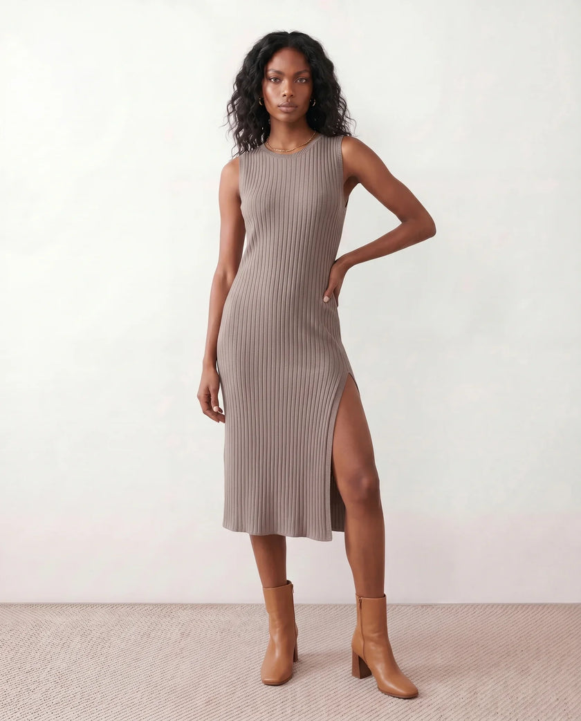 Ribbed Midi Dress Women Fitted Sleeveless Round Neck Side Slit