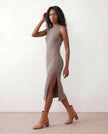 Ribbed Midi Dress Women Fitted Sleeveless Round Neck Side Slit