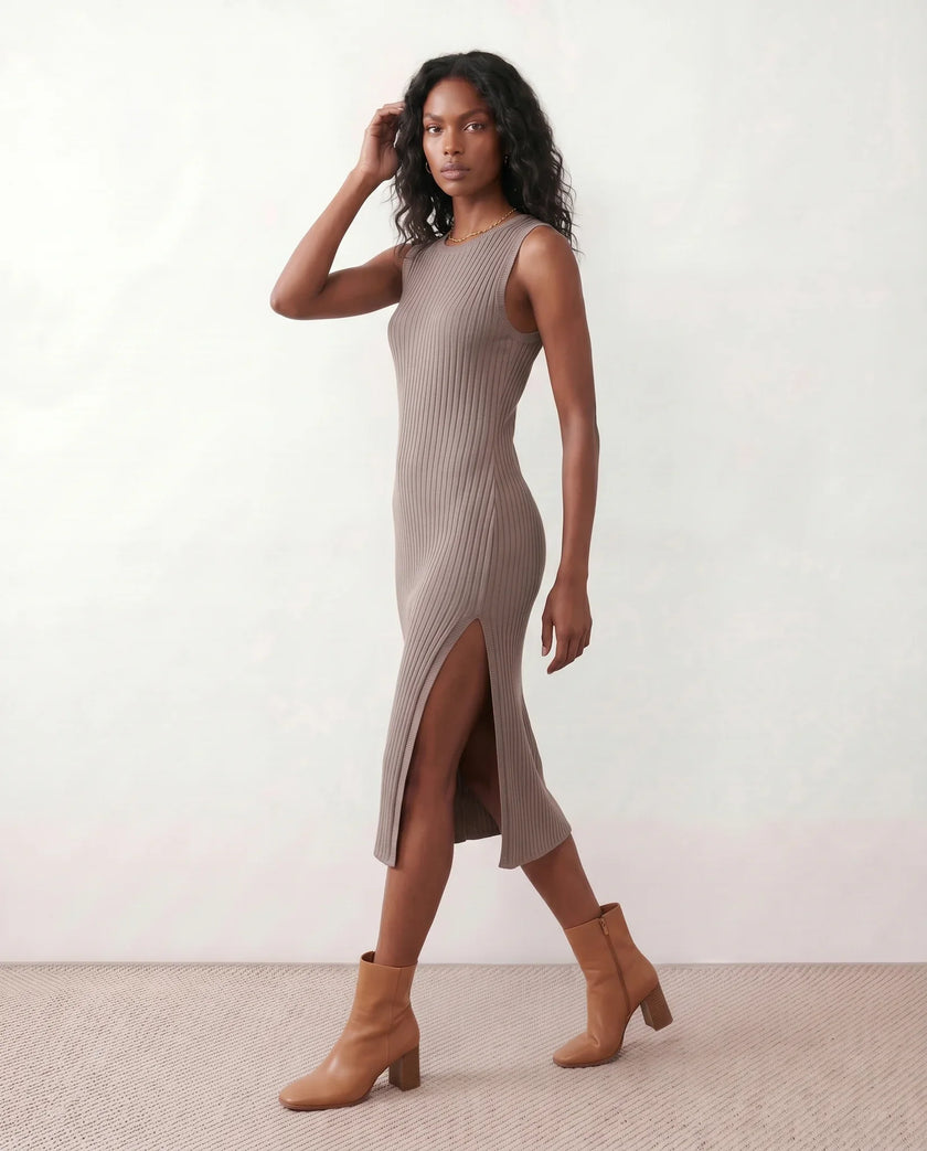 Ribbed Midi Dress Women Fitted Sleeveless Round Neck Side Slit