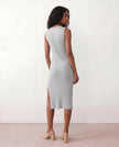 Ribbed Midi Dress Women Fitted Sleeveless Round Neck Side Slit