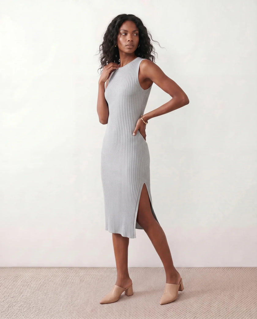 Ribbed Midi Dress Women Fitted Sleeveless Round Neck Side Slit