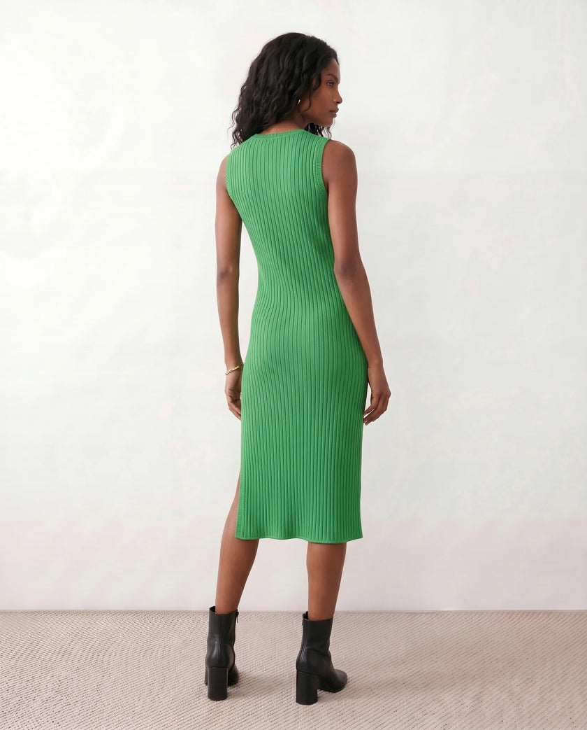 Ribbed Midi Dress Women Fitted Sleeveless Round Neck Side Slit