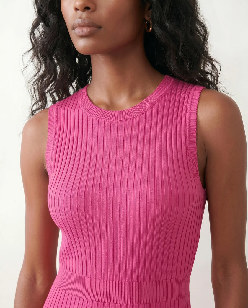 Ribbed Midi Dress Women Fitted Sleeveless Round Neck Side Slit