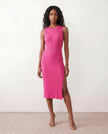 Ribbed Midi Dress Women Fitted Sleeveless Round Neck Side Slit