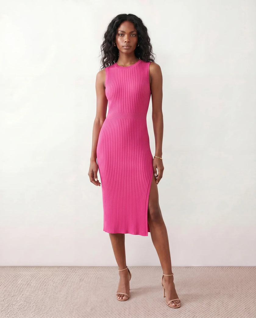 Ribbed Midi Dress Women Fitted Sleeveless Round Neck Side Slit