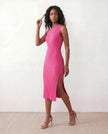 Ribbed Midi Dress Women Fitted Sleeveless Round Neck Side Slit