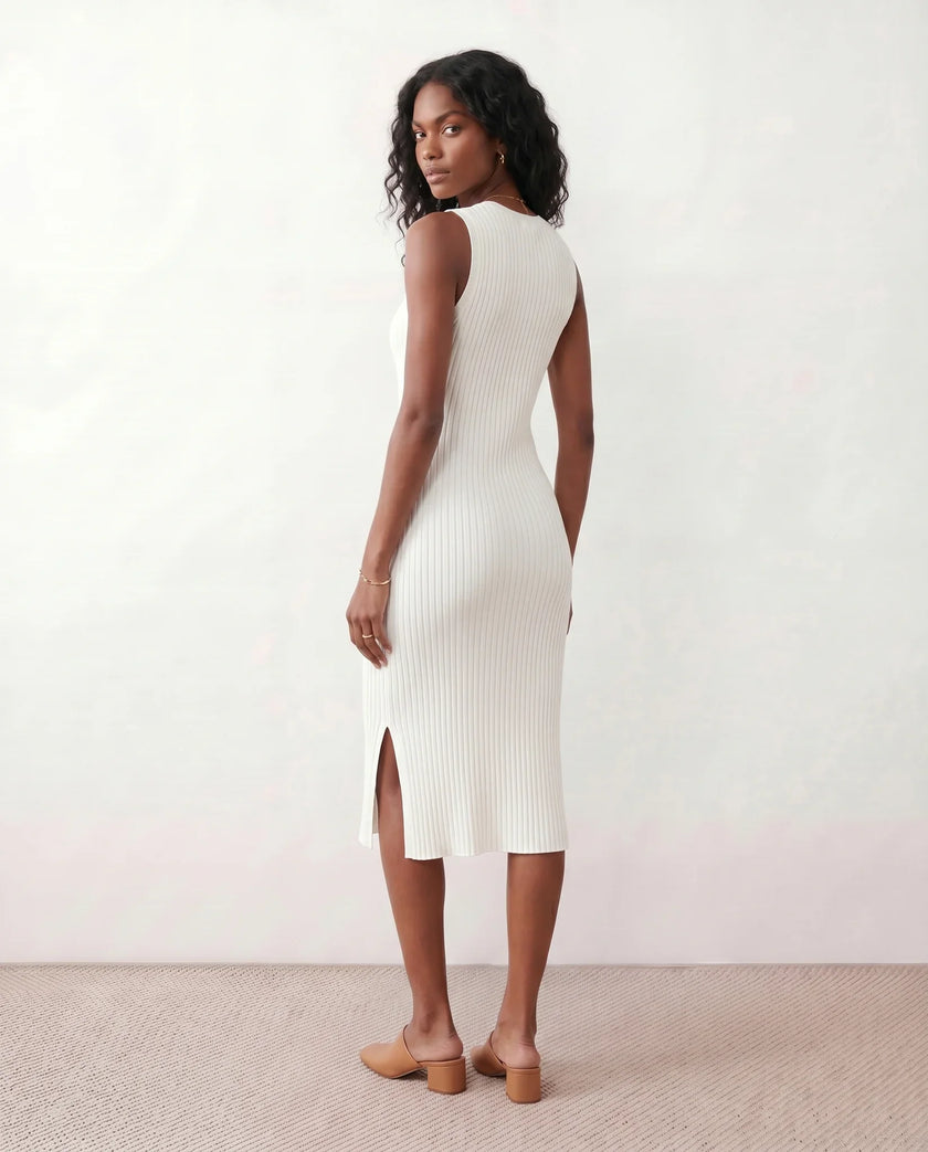 Ribbed Midi Dress Women Fitted Sleeveless Round Neck Side Slit