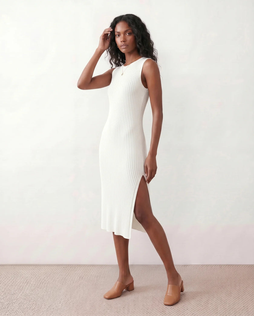 Ribbed Midi Dress Women Fitted Sleeveless Round Neck Side Slit