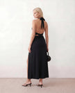 Maxi Dress Women Halter Plunge Neck Open Back Ruched High Slit Cocktail