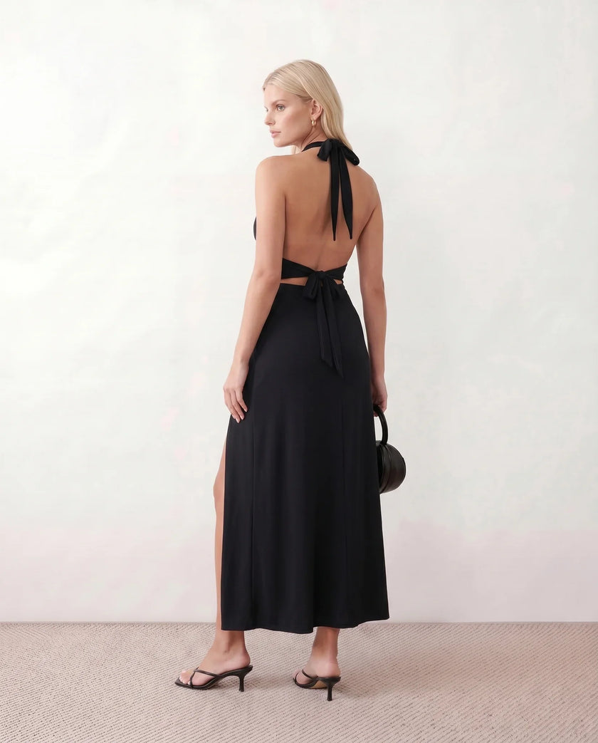 Maxi Dress Women Halter Plunge Neck Open Back Ruched High Slit Cocktail