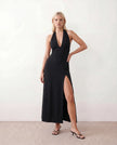 Maxi Dress Women Halter Plunge Neck Open Back Ruched High Slit Cocktail