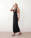 Maxi Dress Women Halter Plunge Neck Open Back Ruched High Slit Cocktail