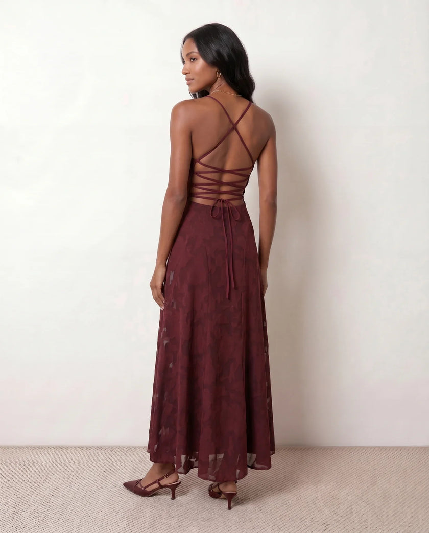 Floral Maxi Dress Women Wedding Guest Square Neck Lace-Up Back