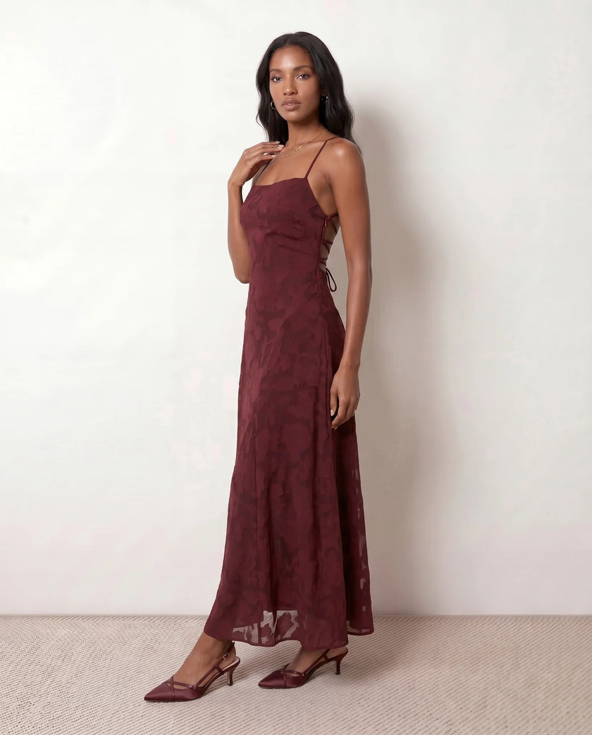 Floral Maxi Dress Women Wedding Guest Square Neck Lace-Up Back