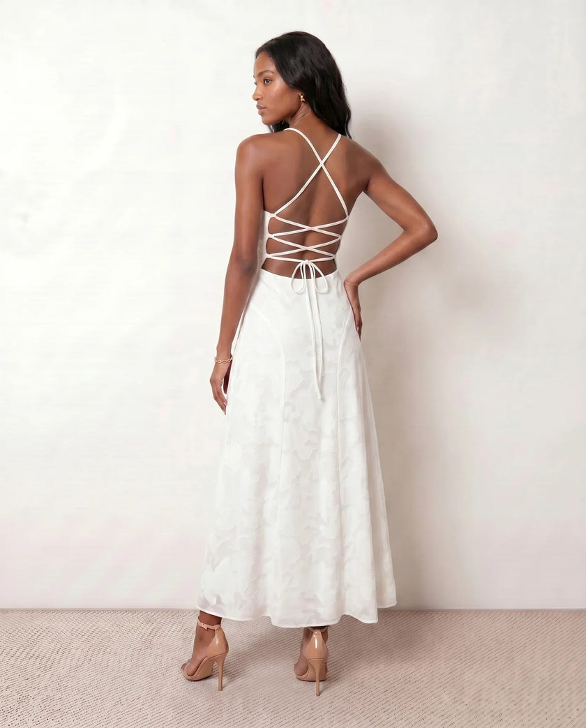Floral Maxi Dress Women Wedding Guest Square Neck Lace-Up Back
