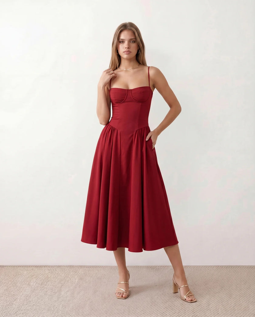 Cocktail Midi Dress Women Sweetheart Corset Spaghetti Strap