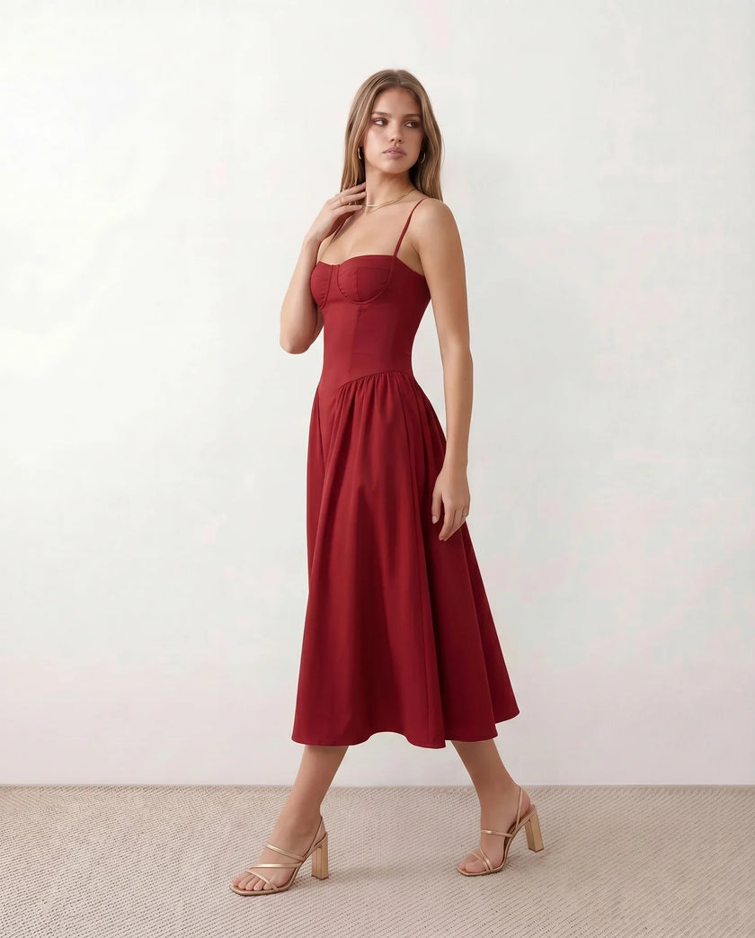 Cocktail Midi Dress Women Sweetheart Corset Spaghetti Strap
