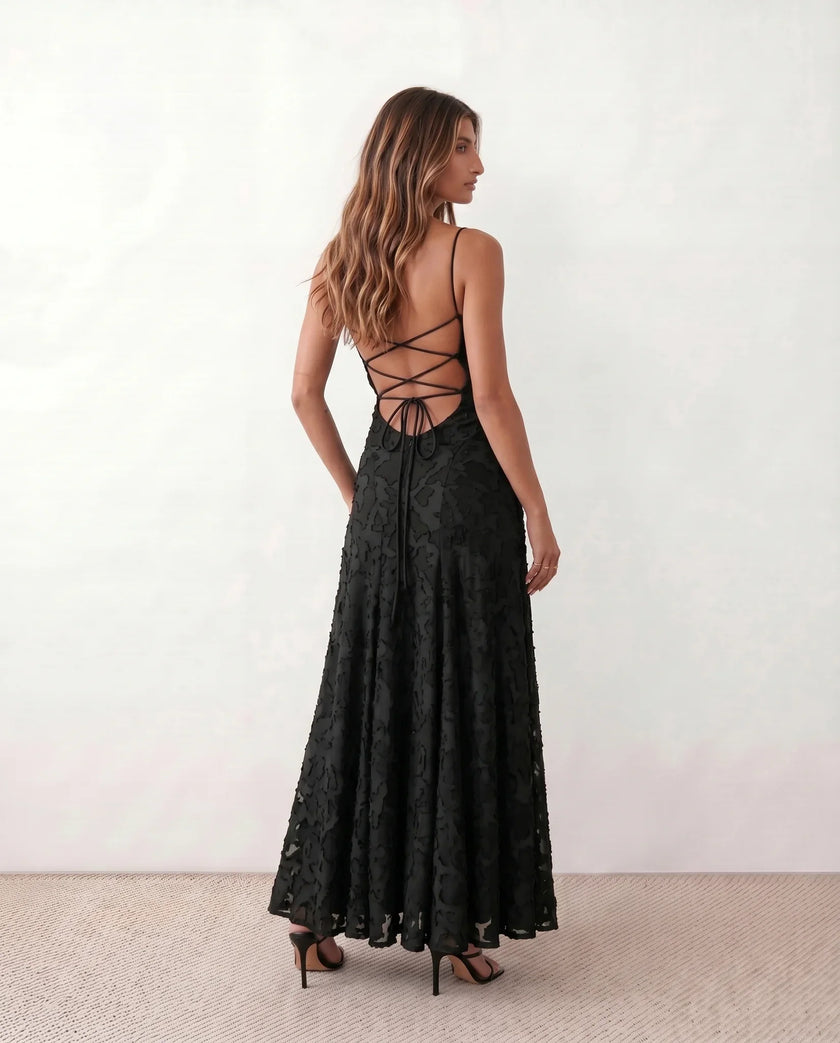 Maxi Dress Women Floral Appliqué Lace-Up Back Wedding Guest