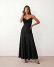 Maxi Dress Women Floral Appliqué Lace-Up Back Wedding Guest