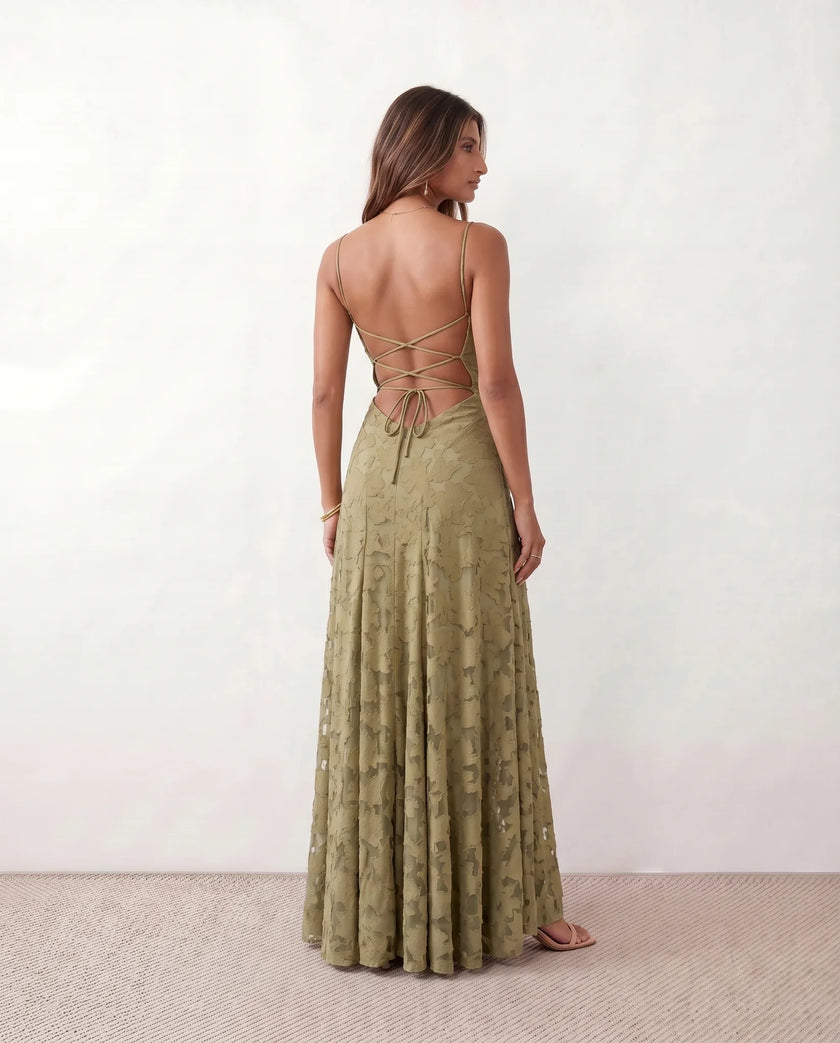 Maxi Dress Women Floral Appliqué Lace-Up Back Wedding Guest