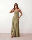 Maxi Dress Women Floral Appliqué Lace-Up Back Wedding Guest