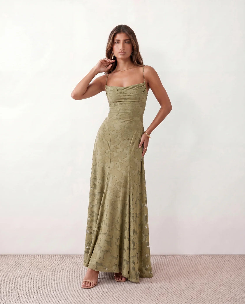 Maxi Dress Women Floral Appliqué Lace-Up Back Wedding Guest