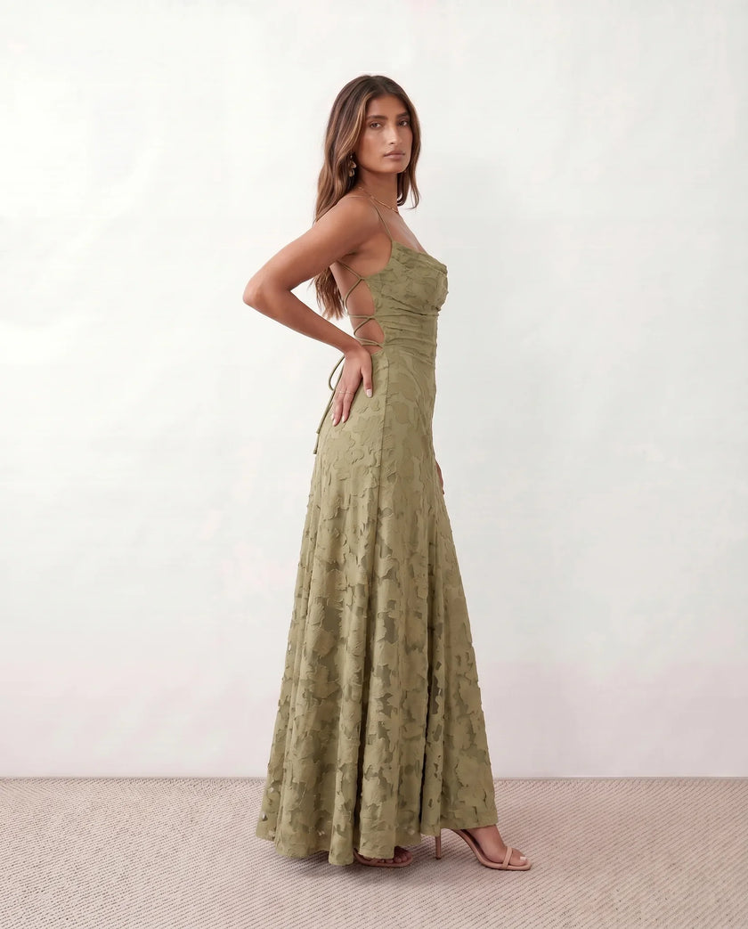 Maxi Dress Women Floral Appliqué Lace-Up Back Wedding Guest