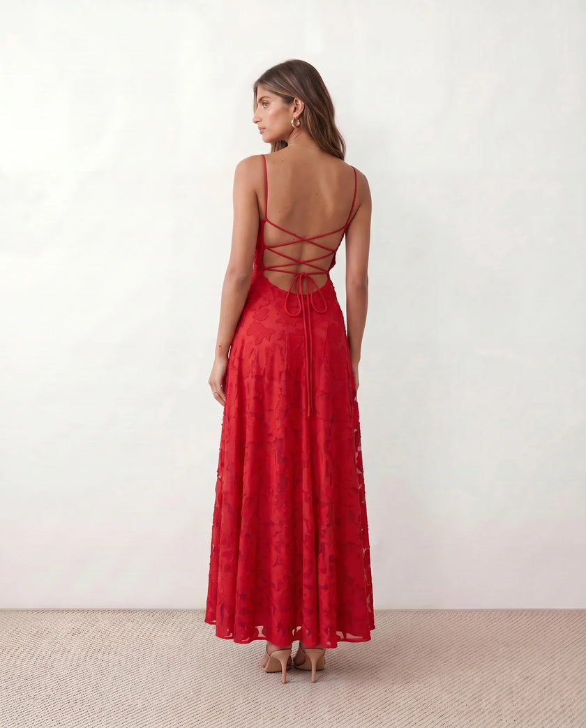 Maxi Dress Women Floral Appliqué Lace-Up Back Wedding Guest