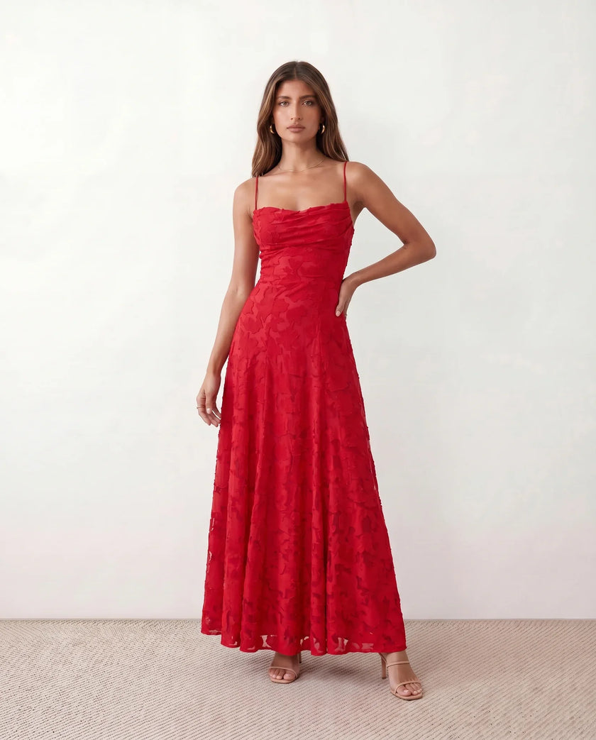 Maxi Dress Women Floral Appliqué Lace-Up Back Wedding Guest