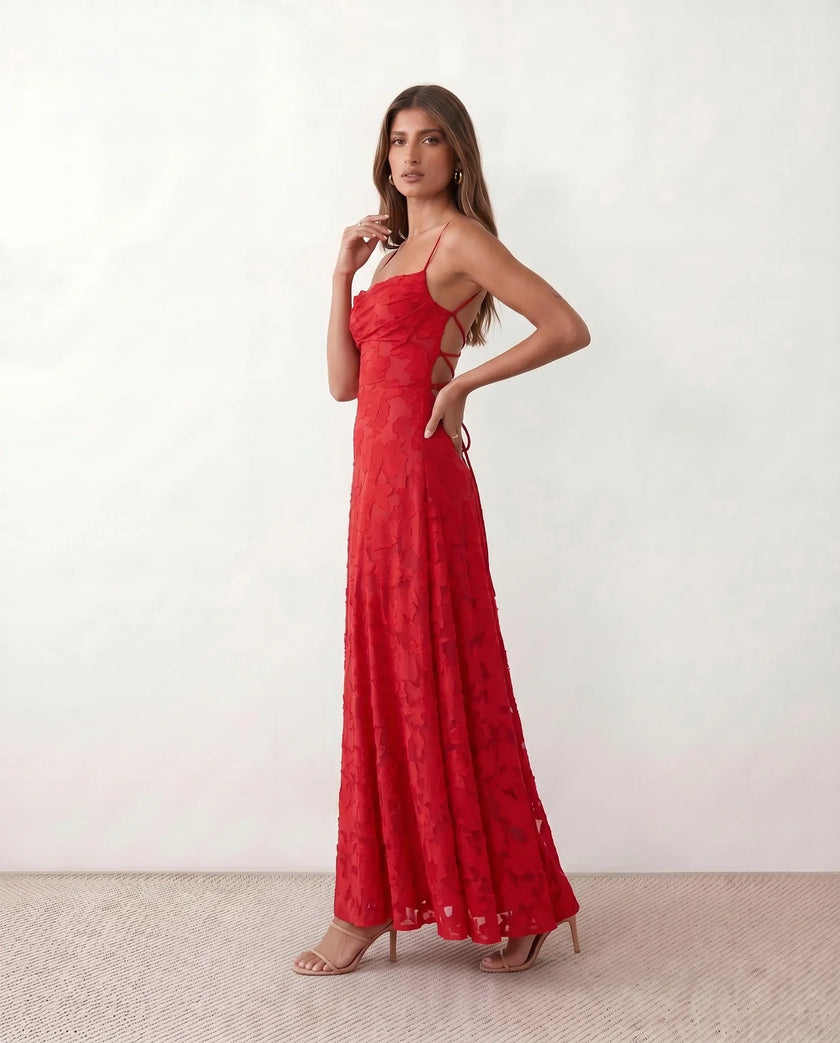 Maxi Dress Women Floral Appliqué Lace-Up Back Wedding Guest