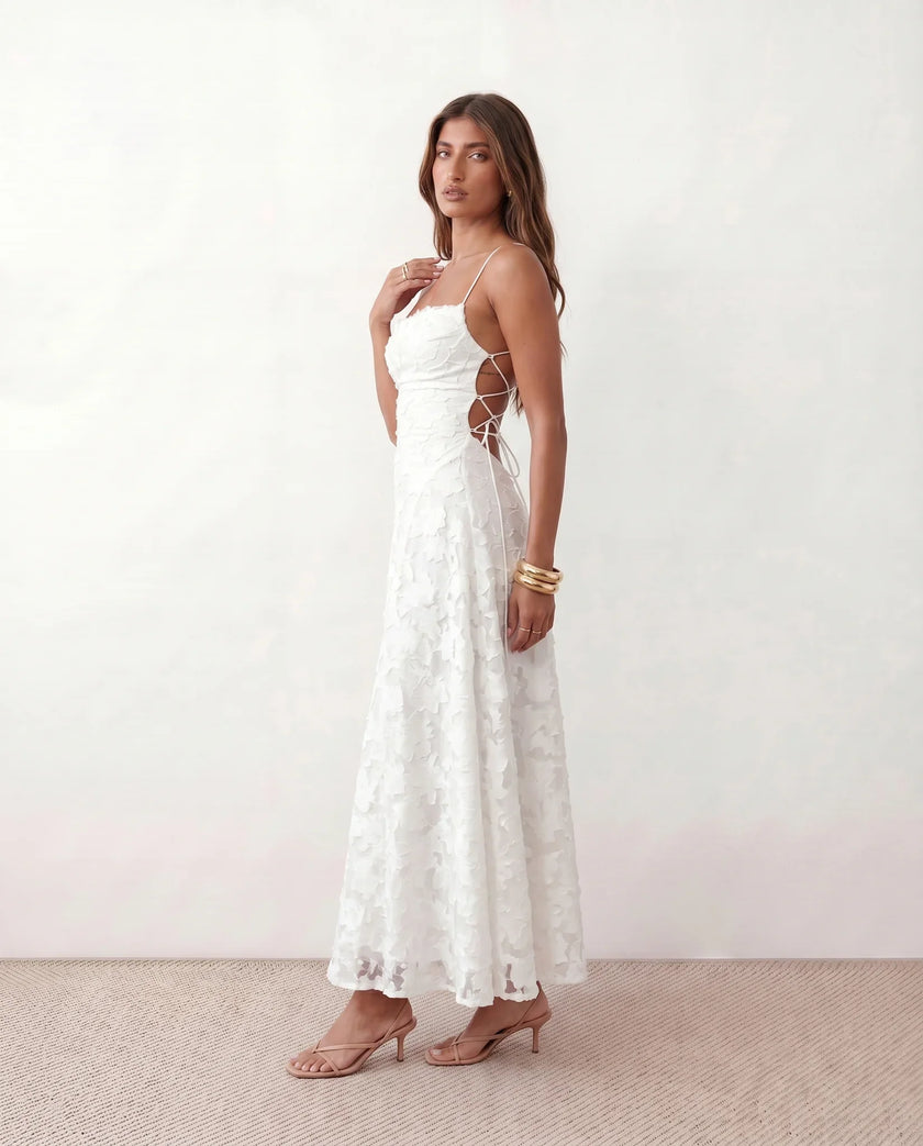 Maxi Dress Women Floral Appliqué Lace-Up Back Wedding Guest