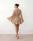 Pleated Mini Dress Women Round Neck Bell Sleeve Ruffle Hem Cocktail