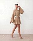 Pleated Mini Dress Women Round Neck Bell Sleeve Ruffle Hem Cocktail