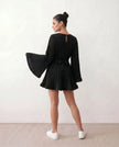 Pleated Mini Dress Women Round Neck Bell Sleeve Ruffle Hem Cocktail