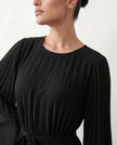 Pleated Mini Dress Women Round Neck Bell Sleeve Ruffle Hem Cocktail
