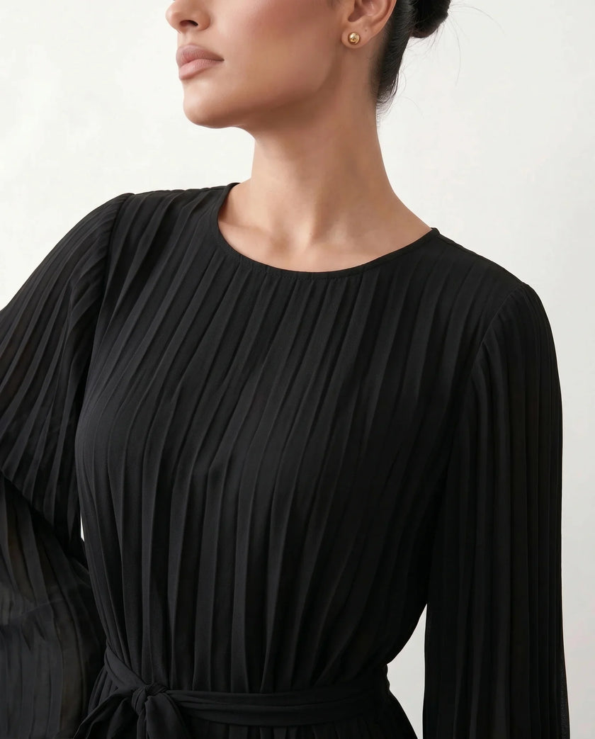 Pleated Mini Dress Women Round Neck Bell Sleeve Ruffle Hem Cocktail