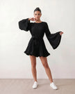 Pleated Mini Dress Women Round Neck Bell Sleeve Ruffle Hem Cocktail