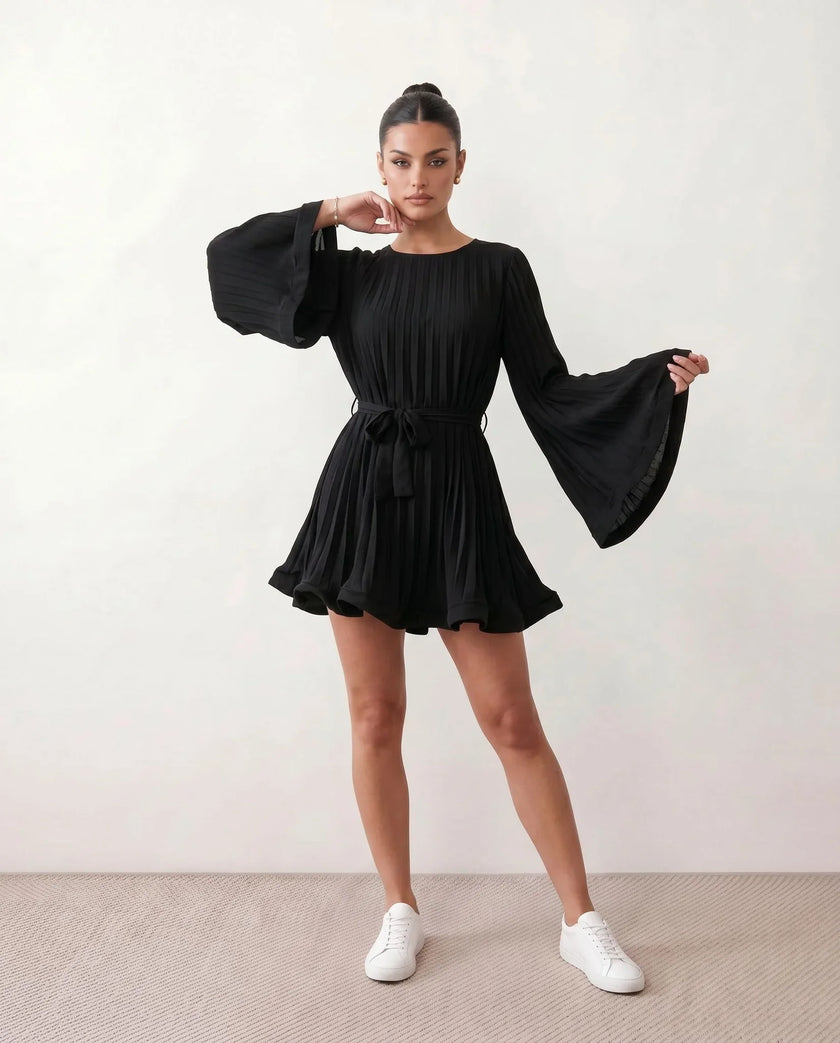 Pleated Mini Dress Women Round Neck Bell Sleeve Ruffle Hem Cocktail